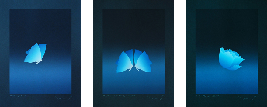 Vol de nuit - 夜間飛行 - 65x50cm 1996  |  Embrassement - 抱擁 - 65x50cm 1996  |  Pavot bleu - 青いけし - 65x50cm 1996
